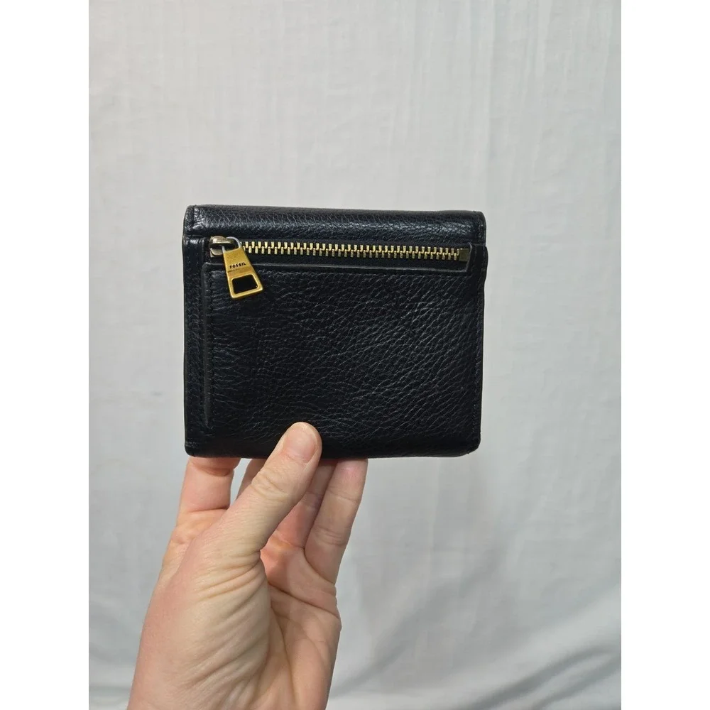 Vintage Fossil Genuine Pebbled Leather Black Bifold Wallet Zippered Coin Pouch